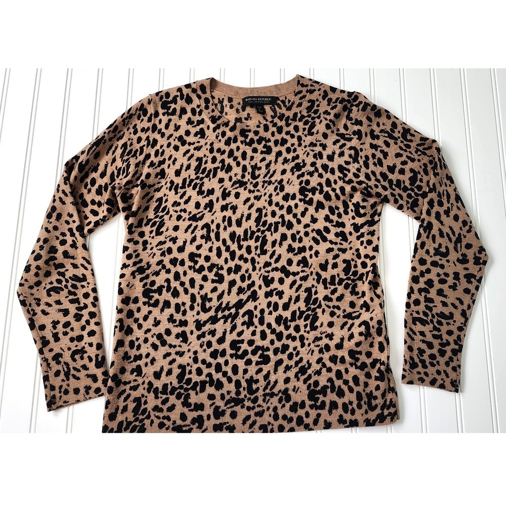 Banana Republic Leopard Print 100% Merino Wool Crewneck Sweater Tan Black Size S - Picture 3 of 9